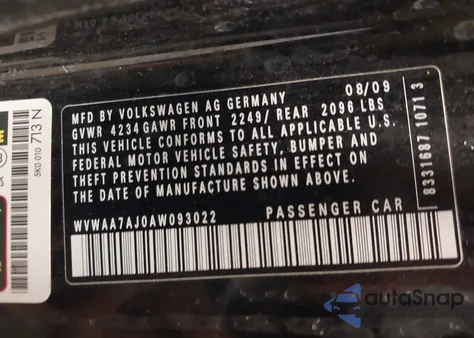 2010 Volkswagen Golf 2-Door z USA, uszkodzony, nr VIN WVWAA7AJ0AW093022